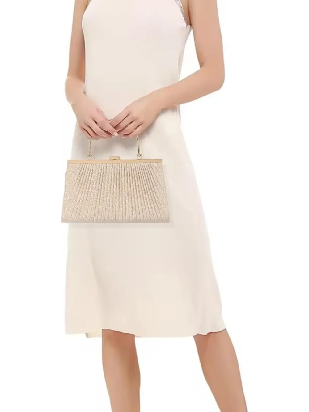 Women's Gold Glitter Pleated Clutch Purse For Sparkly Evening Wedding Bag